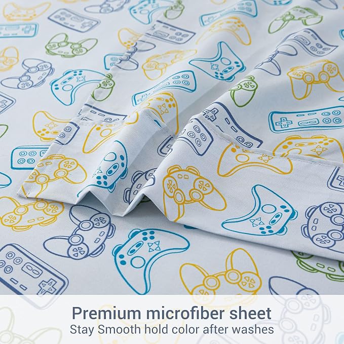Viviland 4 Pieces Boys Grey Full Sheet Set - Soft Microfiber Fitted Flat Sheets & Pillowcase - Game Player Paddle Printed Bedding Sets - for Kids & Toddlers