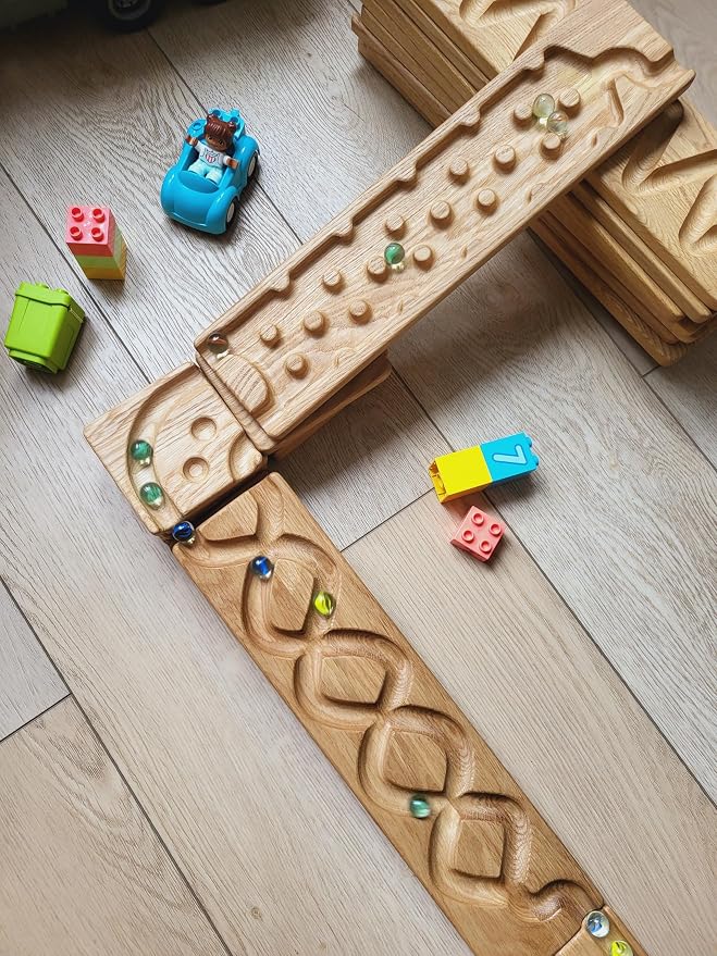 Wooden Marble Run Track Set of 2 – Montessori STEM Toy for Kids –Race Machine & Maze Board – Educational Wooden Roller Track Game – Rocks & Whirlpool Run Gift for Children