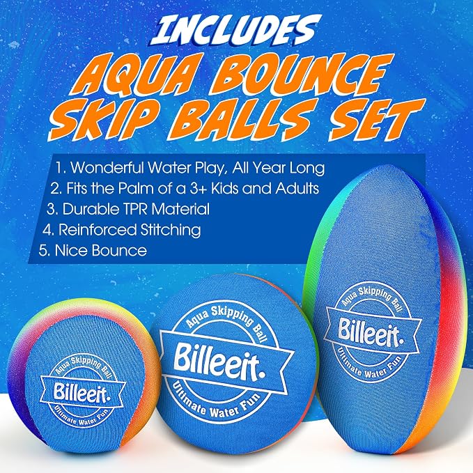 Billeeit 5PCS Water Skipping Balls Set for Pool, Beach & Lake Play, Floating TPR Bounce Balls and Water Discs with Mesh Bag for Kids 3+ and Adults