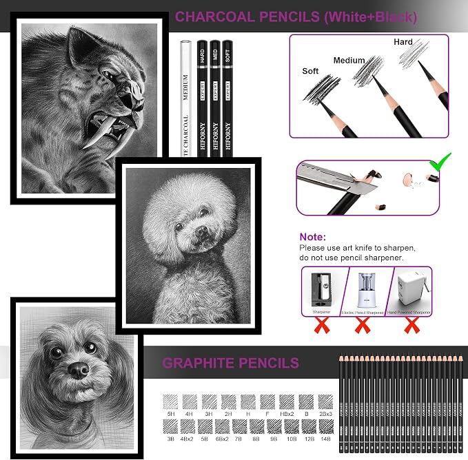 HIFORNY 58 PCS Drawing Kit Sketching Pencil Set,Sketch Pencils Art Supplies with 3-Color Sketchbook,Graphite,Charcoal,Blending Tools,Drawing Pencils for Adults Artists