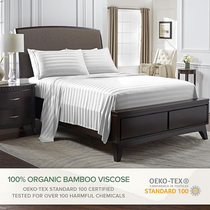 Pure Bamboo Split King Sheets, Genuine 100% Organic Viscose Derived from Bamboo Bed Sheet Set, Soft & Cooling, Double Stitching, 2 Fitted Sheets (Split King, Jacquard White)