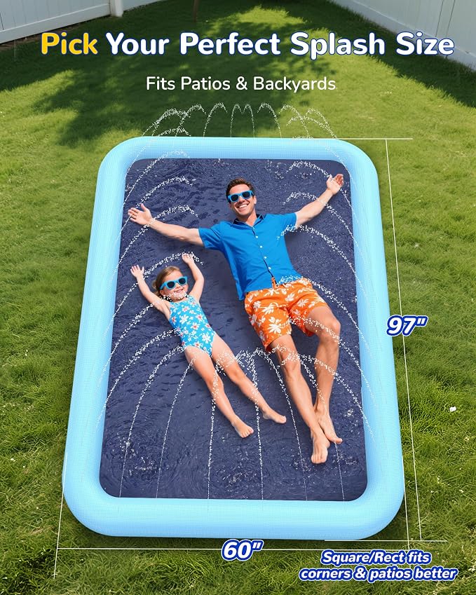 VISTOP Non-Slip Splash Pad for Kids and Dog, Thicken Sprinkler Pool Summer Outdoor Water Toys - Fun Backyard Fountain Play Mat for Baby Girls Boys Children or Pet Dog (97 * 60 inch, Blue&Blue)