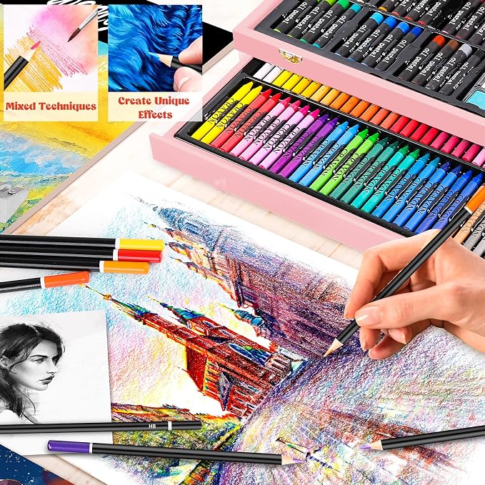 Caliart Art Supplies, 153-Pack Deluxe Art Set in Wooden Case, Crafts Drawing Painting Kits with 2 A4 Sketch Pads, Coloring Book, Stocking Stuffers Gifts for Teens Girls Kids Artists