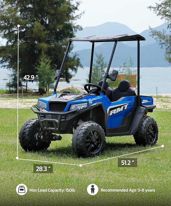 ELEMARA 24V Ride on Toy for Big Kids,Ride on Car 2 Seater w/Sun Shade,Dump Bed & Shovel,4.5MPH,4WD Electric Car for Kids,Battery Car w/Remote,Kids Ride on Truck,3 Speeds,LED Lights,Bluetooth, Royal