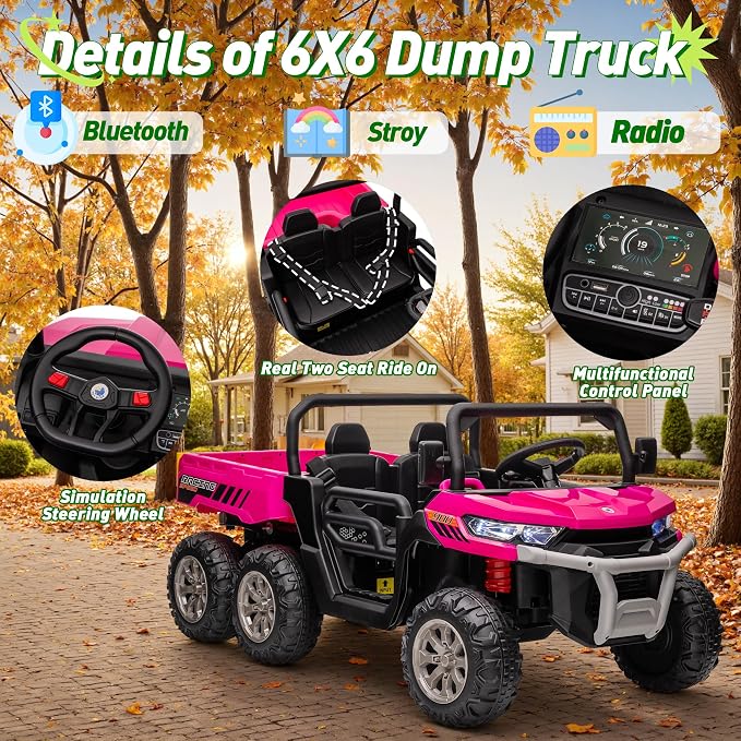 24V Ride On Dump Truck Car for Big Kids 2 Seater XL, 4WD 6-Wheels Battery Powered Ride On Toy with Remote Control, 800W Powerful Motors, Dump Bed & Shovel, Electric UTV for Boys Girls