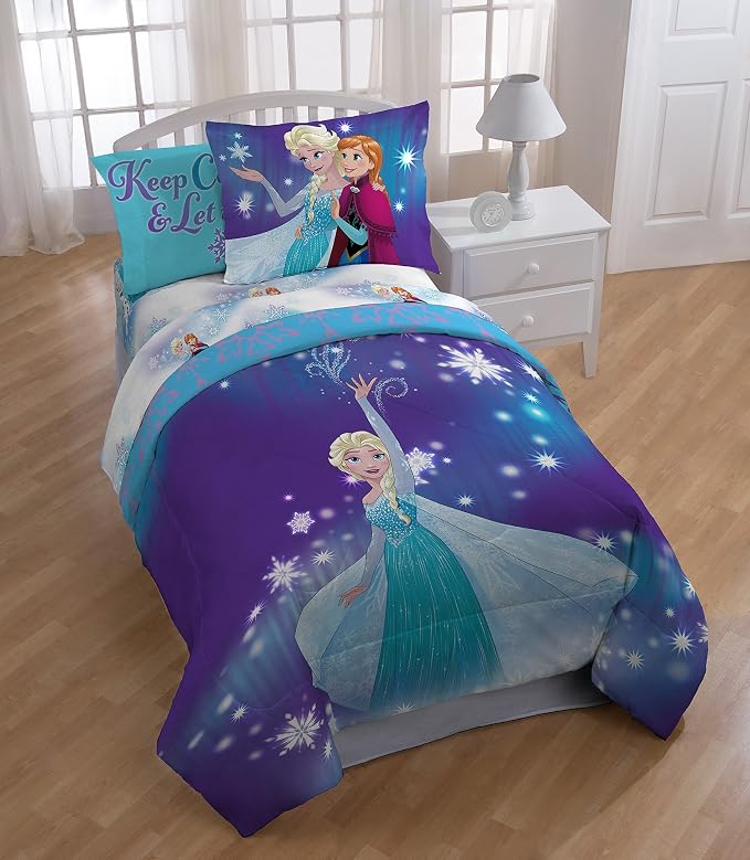 Jay Franco Disney Frozen Girls Kids Full Comforter Set - 7 Piece Bed in a Bag Reversible Comforter & Sheet Set with Shams, Elsa and Anna - Super Soft Fade Resistant Microfiber Machine Washable