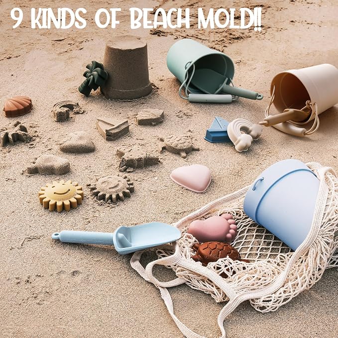 Hungdao 16 Pcs Silicone Beach Toys Travel Friendly Beach Set Colorful Toys Include 3 Silicone Bucket Pail, 3 Shovel, 9 Sand Molds, 1 Bag for Summer Pool Outdoor(Beige, Blue, Teal)