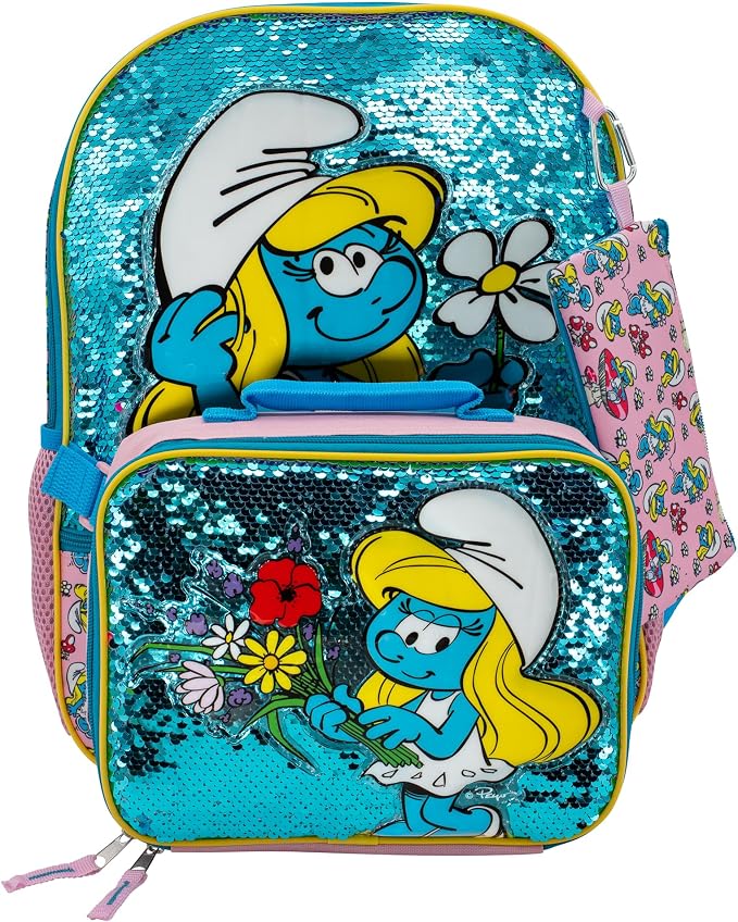 AI ACCESSORY INNOVATIONS Smurfs 5 Piece Backpack Set, Smurfette Flip Sequin Girls School Bag with Front Zip Pocket, 2 Side Mesh Pockets, Pink & Blue