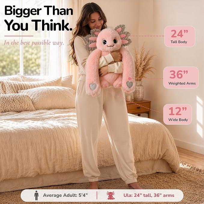 Huggle Healers Weighted Stuffed Animals for Adults, Teens and Kids - 36 Inch Long Plush Arms Pink Stuffed Animal for Hugs - 4.5lb Axolotl Plushies - Ula Axolotl