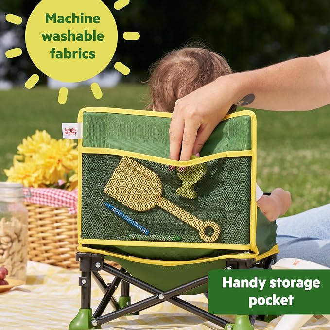 Bright Starts John Deere Pop 'N Sit Portable Booster Chair, Floor Seat, Indoor/Outdoor Use, Compact Fold, Green and Yellow, 6 Mos - 3 Yrs