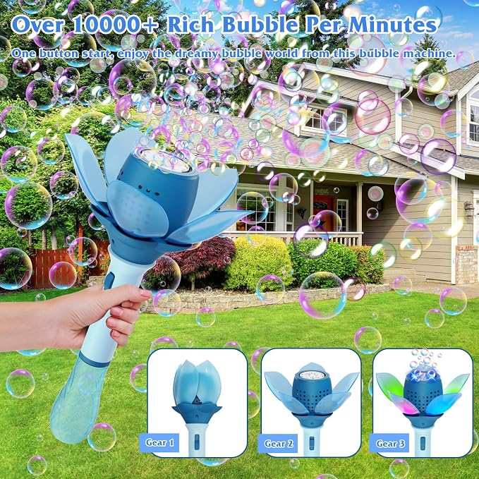 Panamalar Electric Bubble Wand for Kids, Automatic Bubble Machine 10000+ Bubbles Per Minute with Battery/Lights/120ml Solution, Light Up Flower Bubble Wand Bubble Toys for Summer Outdoor Party Wedding