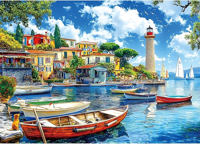 1000 Piece Jigsaw Puzzle for Adults Seaside Harbor Colorful Houses Lighthouse Sailboats Scene Beautiful Mediterranean Sea Landscape Challenging Coastal Village Puzzle for Adults Families27.6 x19.7