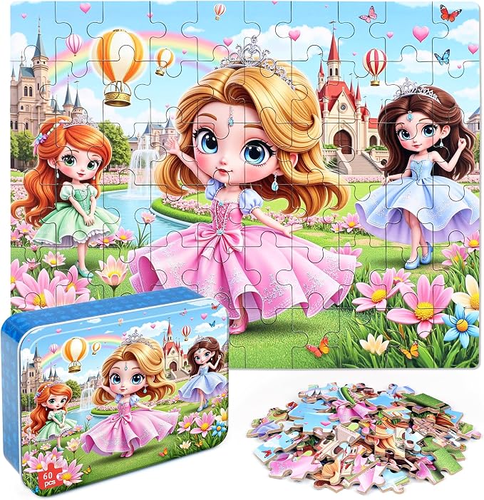 MZZOTOY Princess Puzzle for Kids Ages 4-8, 60 Pieces Jigsaw Puzzles for Kids Ages 3-5， Learning Educational Puzzles Toys Great Gift for Boys Girls in a Metal Box