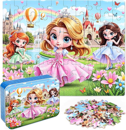 MZZOTOY Princess Puzzle for Kids Ages 4-8, 60 Pieces Jigsaw Puzzles for Kids Ages 3-5， Learning Educational Puzzles Toys Great Gift for Boys Girls in a Metal Box