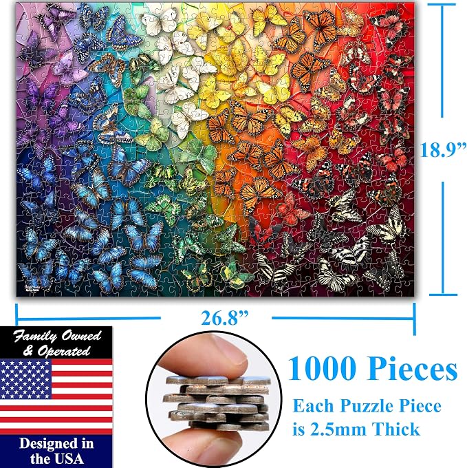 Think2Master Colorful Rainbow of Butterflies & Stained Glass 1000 Pieces Large Format Jigsaw Puzzle for Kids 13+, Teens, Adults & Families. Beautiful Vibrant Illustration Artwork Size: 26.8” X 18.9”