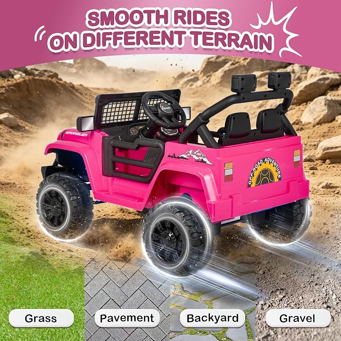 12V 7AH Kids Ride-On Truck Jeep, Electric Car with Parent Remote Control, Spring Suspension, LED Lights, Bluetooth, Music, Pink