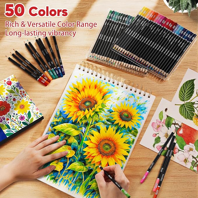 Soucolor 50 Colored Pencils - Premium Art Supplies for Adults Coloring Book | Long-lasting vibrancy Colors, Smooth Writing, Easy Blending and Shading, Perfect for Coloring Books, Sketching & Drawing Pads