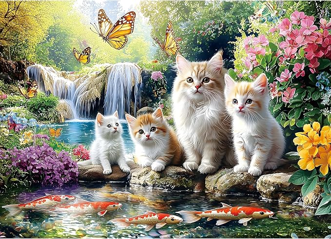 Puzzles for Adults 1000 Pieces, Fun Cats & Koi Fish - Waterfall Scene with Butterflies, Animal Pet Lover Jigsaw Puzzle 1000 Pieces Challenging Perfect for Game Nights (27.5"x19.7")