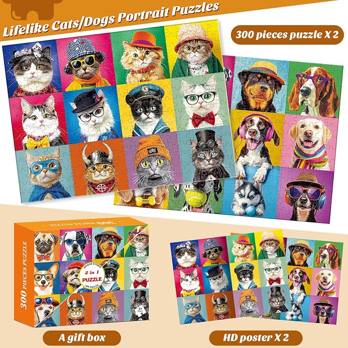 2 Pack 300 Piece Puzzle for Adults–Beautiful Cats Dogs Puzzle for Adults Teens–Large Piece Fun Jigsaw Puzzle for Kids Ages 8-10 10-12,Glossy & Sturdy Pieces,Family Game Great Gift Idea,20.5x15 in