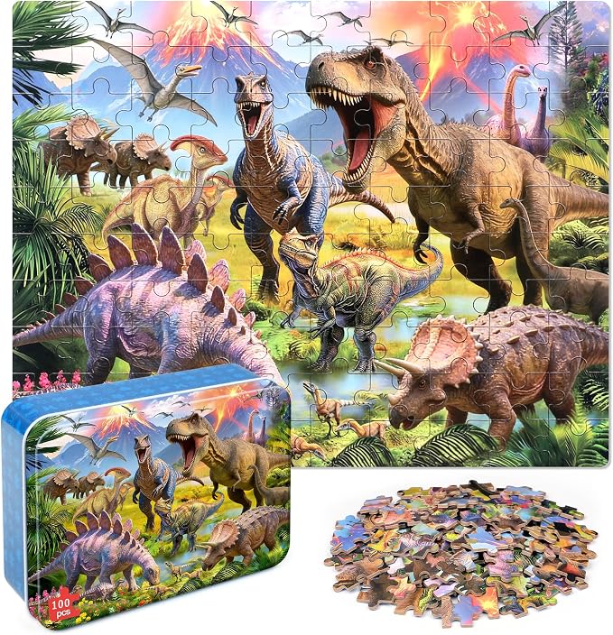 LELEMON Puzzles for Kids Ages 4-6,Dinosaur 100 Piece Puzzles for Kids Ages 6-8 in a Metal Box,Educational Jigsaw Puzzles,Childrens 100 Piece Puzzle Games Puzzle Toys for Girls and Boys