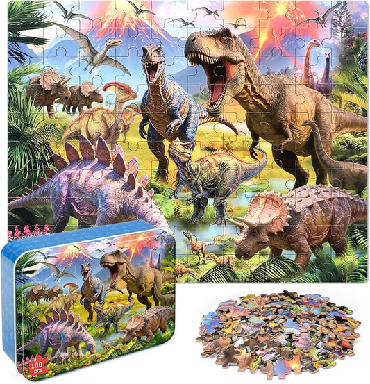 LELEMON Puzzles for Kids Ages 4-6,Dinosaur 100 Piece Puzzles for Kids Ages 6-8 in a Metal Box,Educational Jigsaw Puzzles,Childrens 100 Piece Puzzle Games Puzzle Toys for Girls and Boys