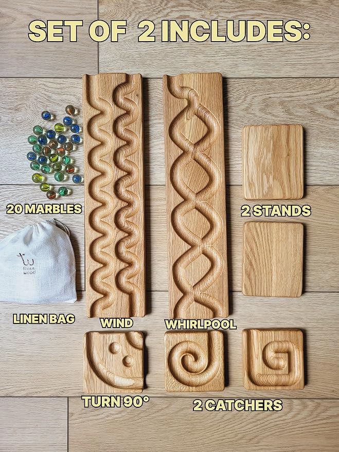 Wooden Marble Run Track Set of 2 Wind+Whirlpol Race Machine Set Wooden Maze Board Ball Run Montessori STEM Toy Gift for Kids Marble Wave Course Winding Roller Track Game (Wind+Whirlpol)