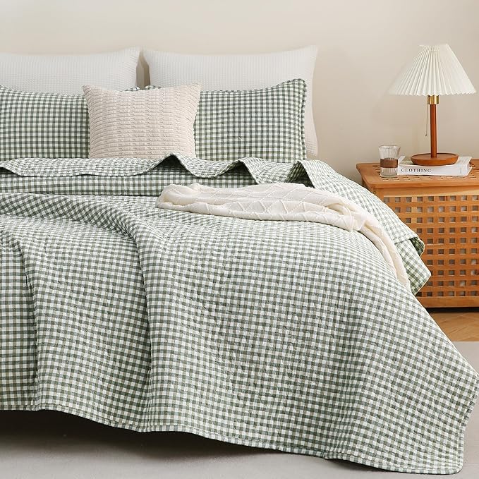 TOCOMOA Green Brown Gingham Quilt Bedding Set 100% Washed Cotton Bedspread Coverlet Like Linen Feel Soft Comfy Breathable 3 Pcs Plaid Checkered Lightweight Comforter Set for All Season, King 106"x96"