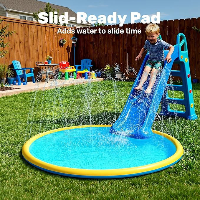 SLOOSH 60" Non-Slip Splash Pad Sprinkler - Outdoor Water Play Toys Backyard Fountain Mat for Toddlers Kids Dogs, Thickened Sprinkler Outside Pool Party Durable for Girls Boys Pets (60in, Orange&Blue)