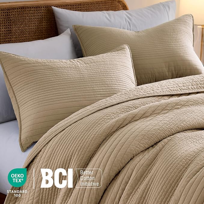 palassio Striped Dark Beige 100% Cotton Quilt King Size Bedding Sets, Lightweight Crinkly Channel Pick Stitch Textured Bedspread Soft Shabby Chic Farmhouse Country Coverlet for All Season, 2 Shams