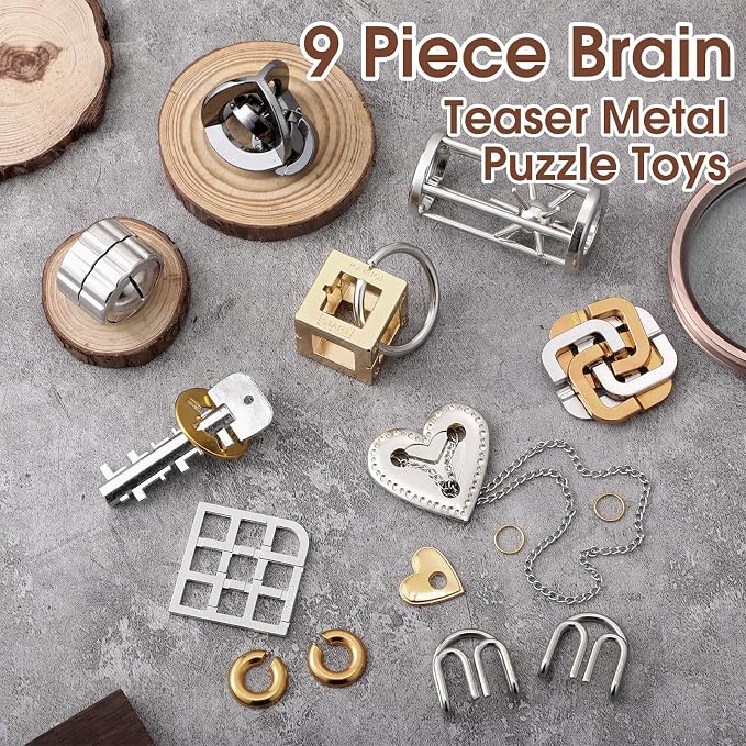 Wettarn 9 Pcs Metal Brain Teaser Puzzles 3D Steel Puzzle Set for Adults IQ Logic Challenge Disentanglement Unlock Interlocking Games Smart Logic Test Toys for Adults Mind Challenge(Novel Style)