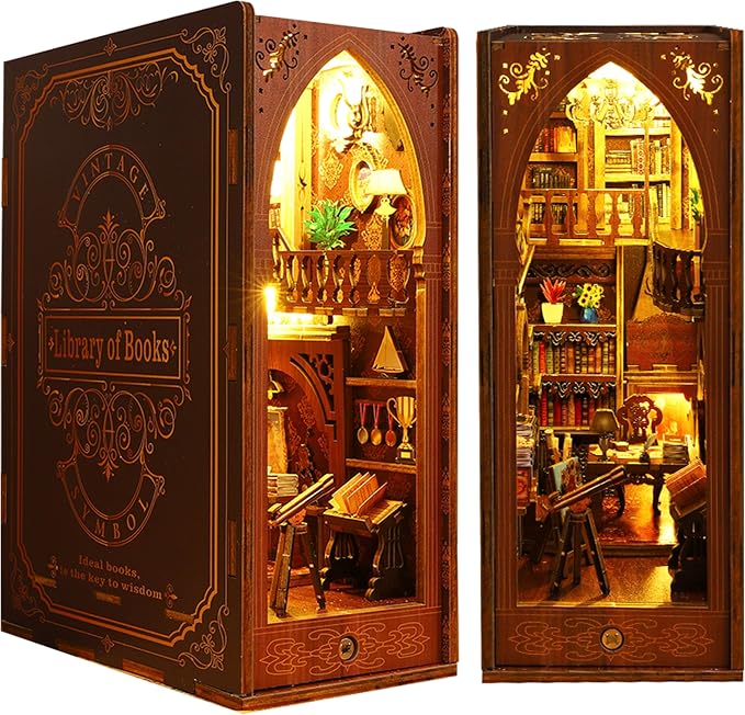 ISSEVE DIY Book Nook Kit, 3D Wooden Puzzle DIY Miniature House Kit for Booknook Shelf Insert Decoration, Magic Book House Stand Bookshelf Dollhouse for Adults with Sensor Light (Library of Books)
