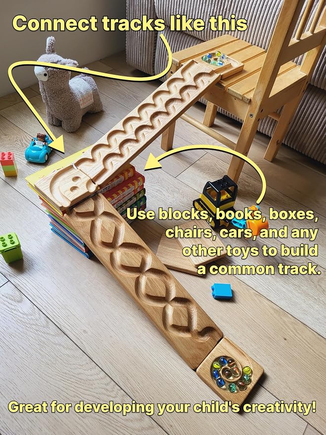 Wooden Marble Run Track Set of 2 Wind+Whirlpol Race Machine Set Wooden Maze Board Ball Run Montessori STEM Toy Gift for Kids Marble Wave Course Winding Roller Track Game (Wind+Whirlpol)