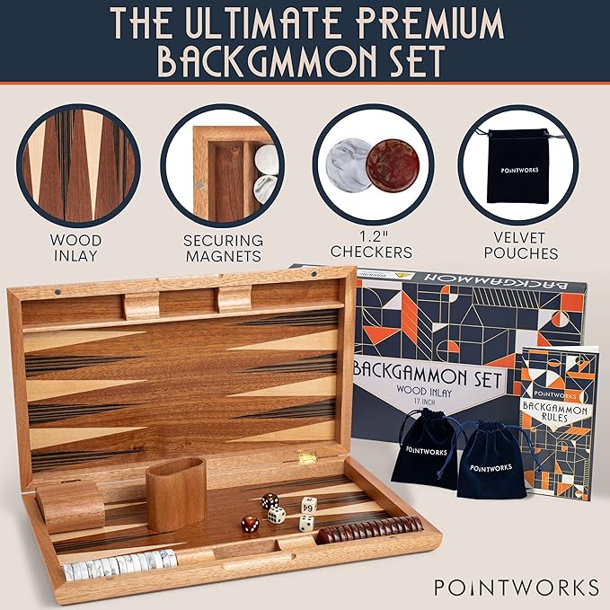 Pointworks 17 Inch Backgammon Sets for Adults. Beautiful Wood Inlaid Backgammon Board Game Set with Unique Checkers & Dice. Large Back Gammon Game Sets Travel Size for 2 Players Nardi or Tavla