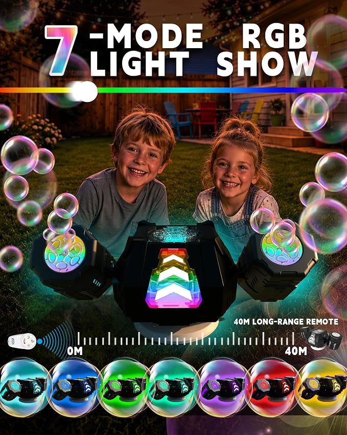 New RC Bubble Machine,RGB Light 360° Auto Rotation Rechargeable Bubble Makers High Capacity Bubble Blower for Kids Wedding Party Indoor Outdoor