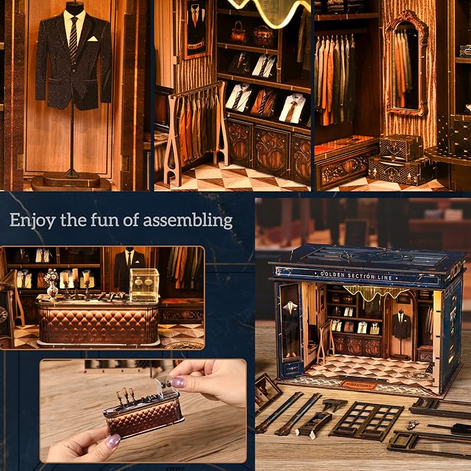 ISSEVE Book Nook Kits for Adults, DIY Booknook Kit Miniature Dollhouse Book Nooks, 3D Wooden Puzzle Model Building Creative Bookshelf Home Decoration Adult Crafts Kits Gift (Golden Section Line)
