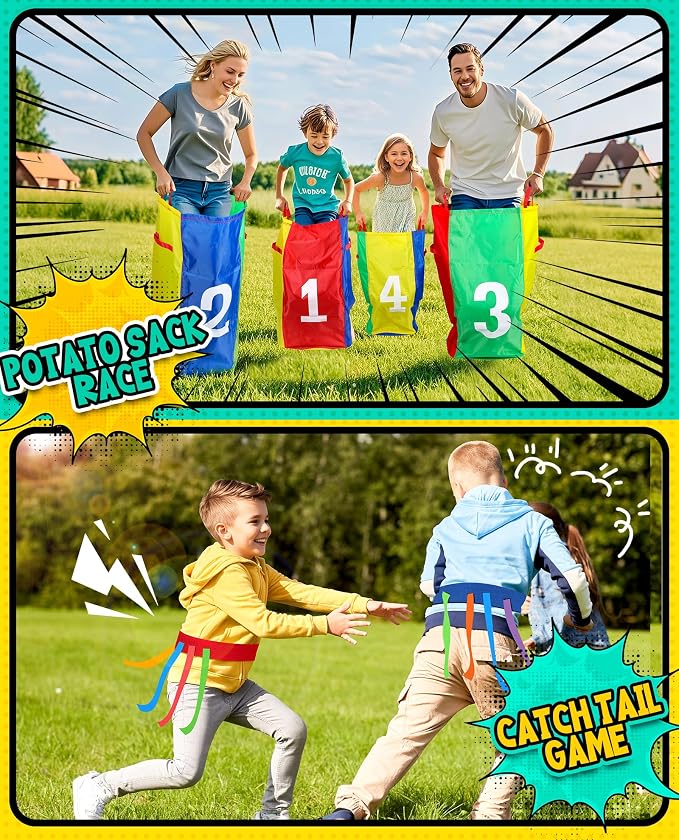 Eocolz Outdoor Carnival Games, Potato Sack Bags for Kids Adults, Egg Spoon Relay Race, 3 Legged Race Bands, Catch Tail Games, Birthday Party, Field Day Family Day Yard Lawn Easter Fall Festival Games