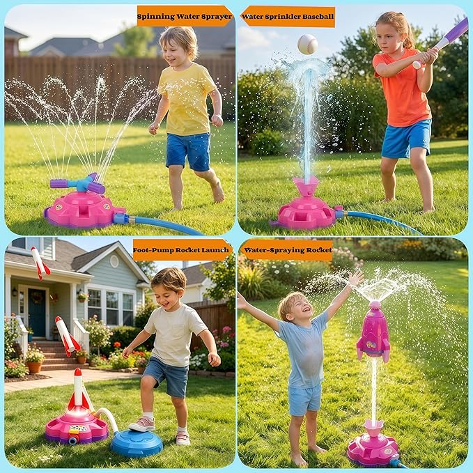 4-in-1 Upgraded Water Sprinkler Toy,Water-Spraying Rocket,Water Baseball,360°Rotating Sprinkler,Foot-Pump Rocket Launch,Outdoor/Yard/Garden/Lawn/Pool Summer Water Game for Kids Age3 4 5 6 7 8Boy Girls