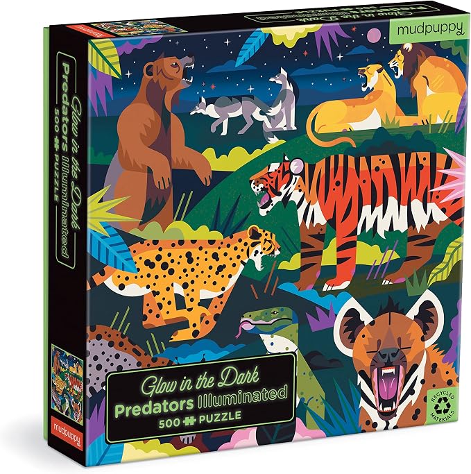 Mudpuppy Predators Illuminated 500 Piece Glow in The Dark Jigsaw Puzzle for Kids and Families, Family Puzzle with Glow in The Dark Predators Theme