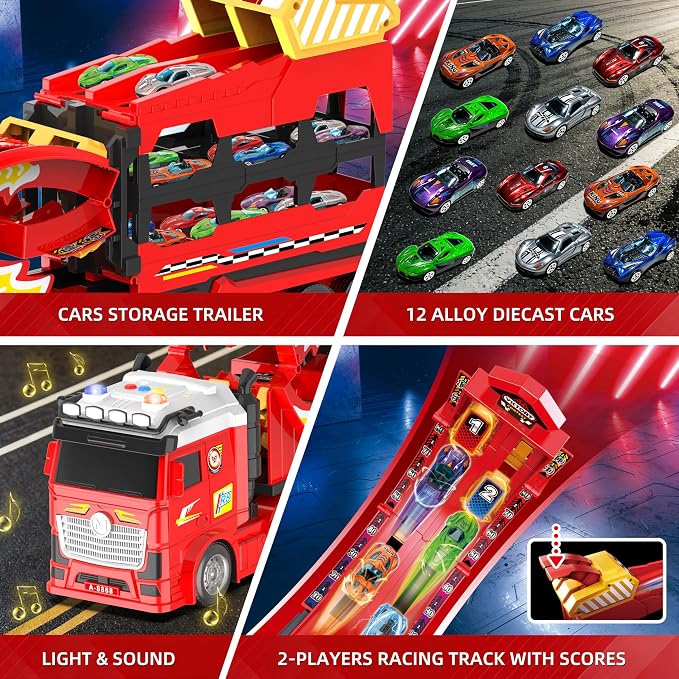 3in1 Carrier Truck with 45-Inch Foldable Race Track, Toy Trucks for Kids Ages 4-8 w/12 Metal Diecast Cars Toys, Trucks for Toddlers 2-4 Years w/Light & Sound, Kids Toys Gift for Boys & Girls Age 3+