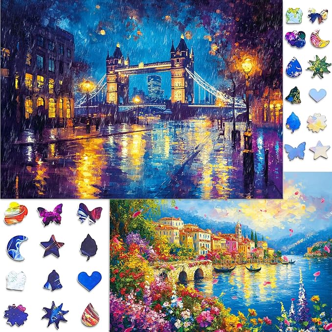 Puzzles for Adults 1000 Pieces, 2 Pack Unique Jigsaw Puzzle for Adults, Garden Town and Darkness Theme, Idea Family Games, Challenging Puzzles for Game Night