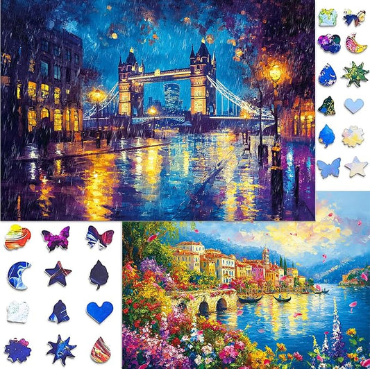 Puzzles for Adults 1000 Pieces, 2 Pack Unique Jigsaw Puzzle for Adults, Garden Town and Darkness Theme, Idea Family Games, Challenging Puzzles for Game Night
