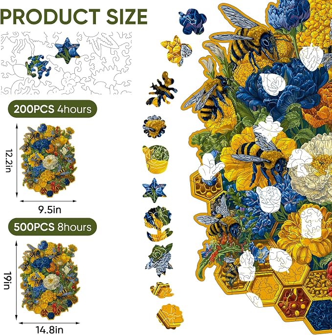 Mys Aurora Puzzles for Adults Flower and Bee Wooden Puzzles, 500 Pieces Unique Shaped Jigsaw Puzzles, Birthday for Mom Adults, Fun Challenge Family Game