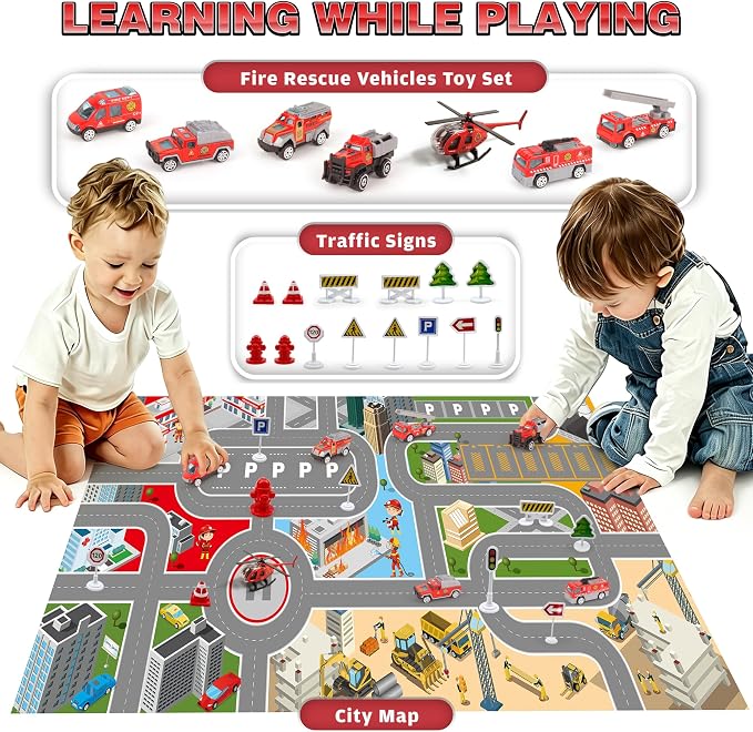 Toddler Airplane Toys w/ 7 Alloy Fire Truck Toys/Helicopter, 1 City Play Mat, 12 Road Signs, Airplane Launcher Toys with Lights & Sounds, Auto Spin Propellers, Toy Cars Ejection, Gift for Kids Age 3+