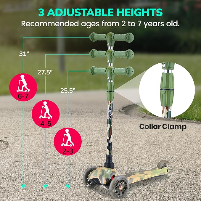 Hurtle Mini Kickboard 3 Wheel Scooter for Kids Ages 2-5 - Lean-to-Steer Toddler Scooter with Light-up LED Wheels, Adjustable Height & Rear Foot Brake for Boys. & Girls, Anti-Slip, Indoor/Outdoor