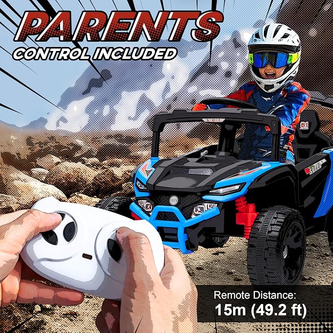 Qaba 12V Kids Ride On Car Truck, Battery Powered Electric UTV Vehicle with Rear Suspension, Remote Control, LED Lights, Music, Horn, Speed Up to 3.1 mph, for 3-5 Years Boys Girls, Blue