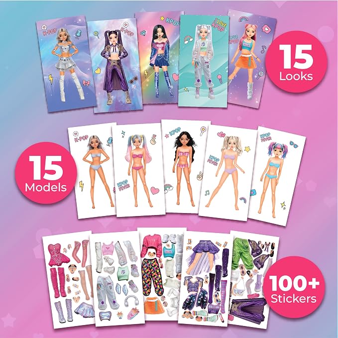 BSCOOL Sticker Dress up K-Pop - Sticker Activity Book for Kids, Learn Girls Fashion Design with Stickers and Guides for Kids 5 and Up, K-Pop Singer Performance, Gift for Girls