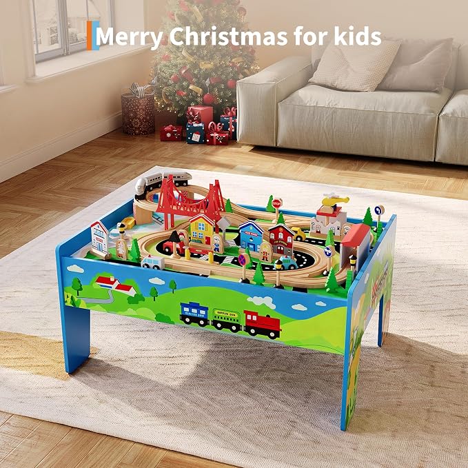 Garvee 78 Piece 4-in-1 Wooden Train Table for Kids - Multipurpose Activity Play Set with Reversible Top, Tracks & Built-in Storage, Natural Wood