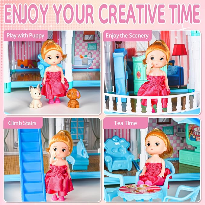Seifar Doll House for Girls,10 Rooms Blue House Toy with Doll Figures, Puppies, Lights, Furnitures, Accessories, Kids Playhouse Gift for for 3 4 5 6 7 8 9 10 Year Old