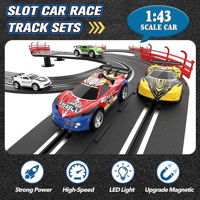 3-in-1 Slot Car Race Track Sets with 4 High-Speed Cars, Electric Track, Dual Racing Game with Lap Counter & 2 Controllers, and Circular Overpass Design – Toy Gift for Boys Kids Ages 4-6 6-8 8-12
