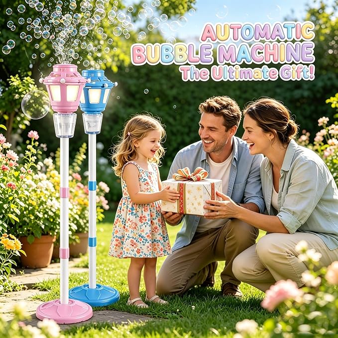 Bubble Machine for Kids Toddlers - Rechargeable Automatic Bubble Machine with Lights, Bubble Blower with Adjustable Stand up to 47 Inch for Backyard Games, Birthday Party, Outdoor Play